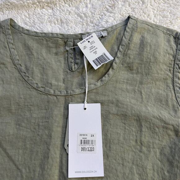 Dolcezza Sleeveless 100% Linen Shirt Womens 2XL Sage Beachy Artsy Lagenlook - Picture 6 of 7